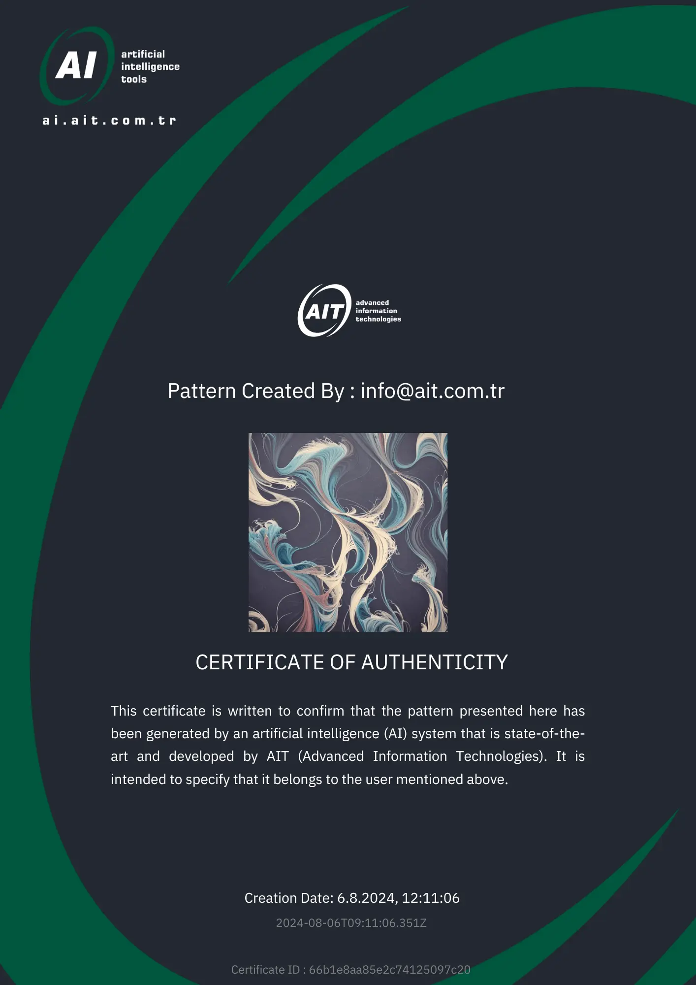 Unique certification for each AI-generated textile pattern.