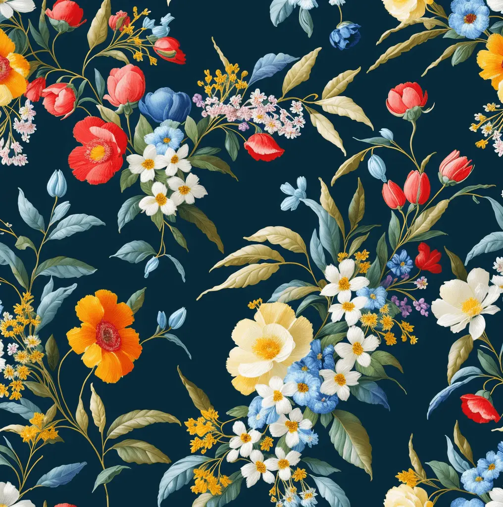 A vibrant textile design featuring an assortment of colorful flowers in a seamless arrangement.