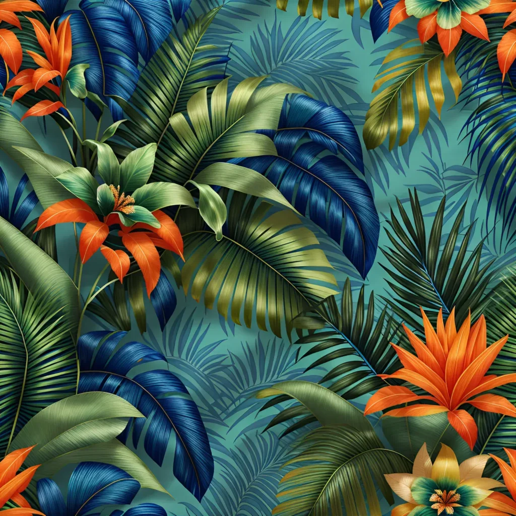 Tropical pattern featuring vibrant floral and leafy designs, perfect for fashion and home decor.