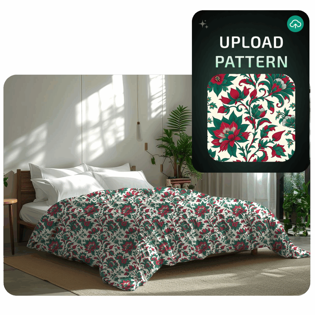 AI-powered 2D wear design preview showing a pattern applied to a digital model