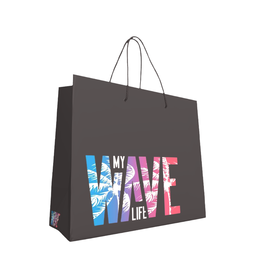 Shopping bag with pattern and brand text