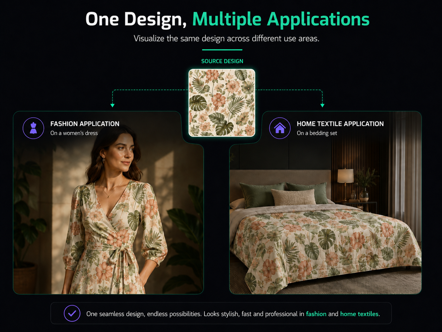 The same pattern shown as a mockup on a fashion model outfit and a home textile surface with AIT AI Tools